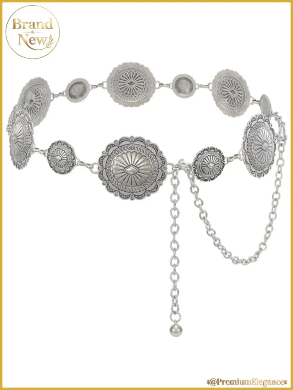 Western Concho Chain Belt Adjustable Metal Waist Belt for Dresses Jeans